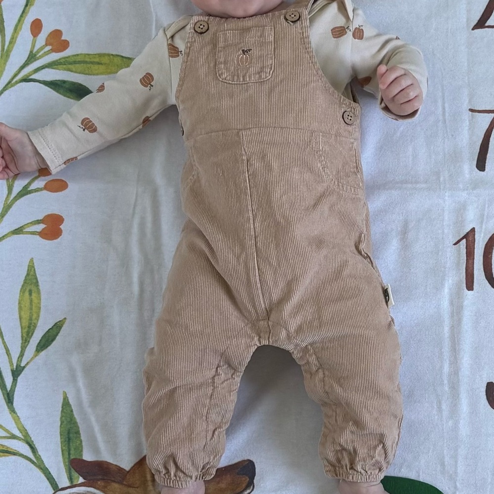 Tan Corduroy Overalls and Pumpkin onesie for Baby
